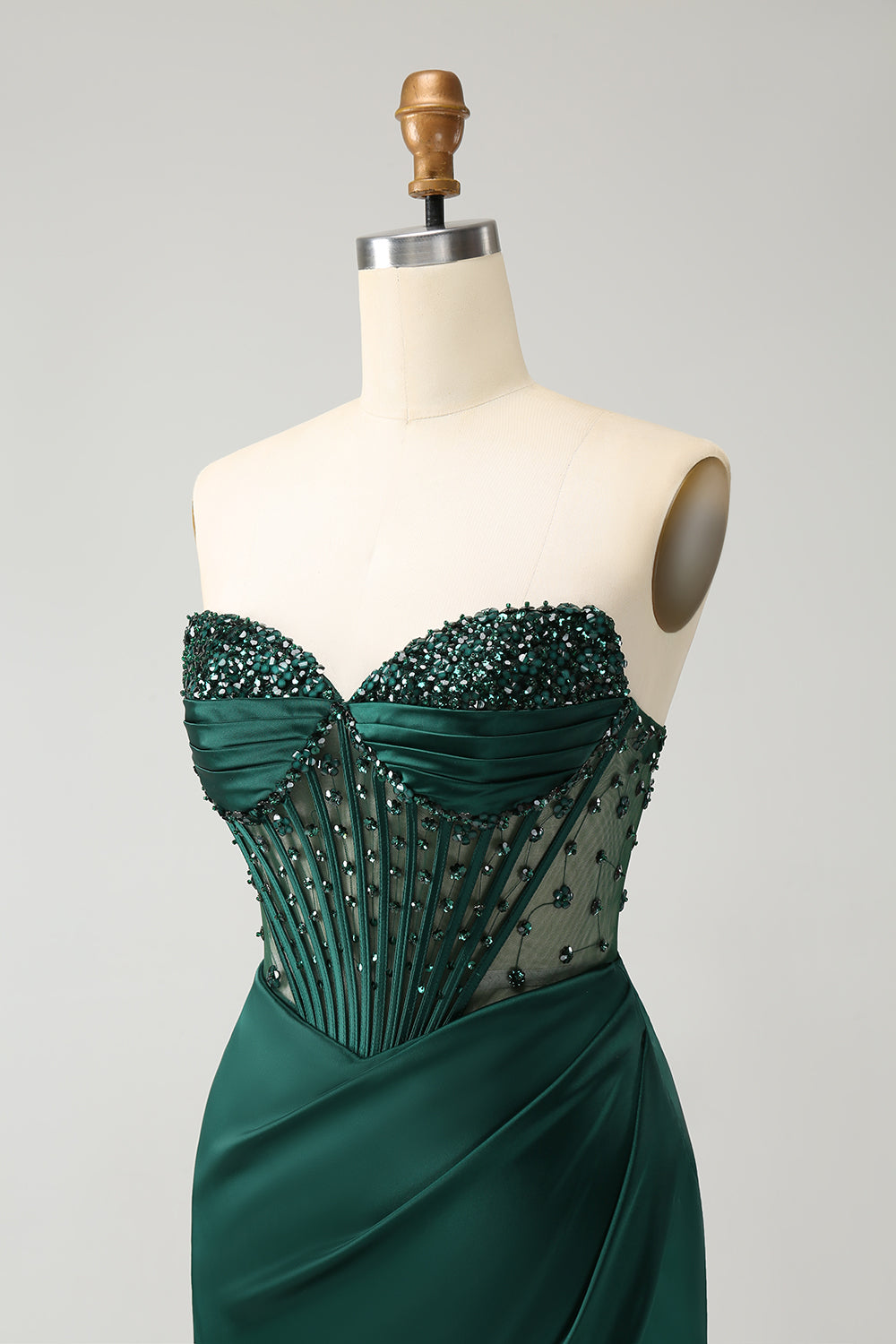 Zapaka Women Sparkly Dark Green Mermaid Long Prom Dress Strapless Beaded Corset Satin Evening Dress with Slit, Dark Green / US16W Zapaka Women Sparkly Dark Green Mermaid Long Prom Dress Strapless Beaded Corset Satin Evening Dress with Slit, Dark Green / US16W