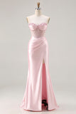 Sparkly Pink Satin Mermaid Beaded Long Corset Prom Dress with Slit