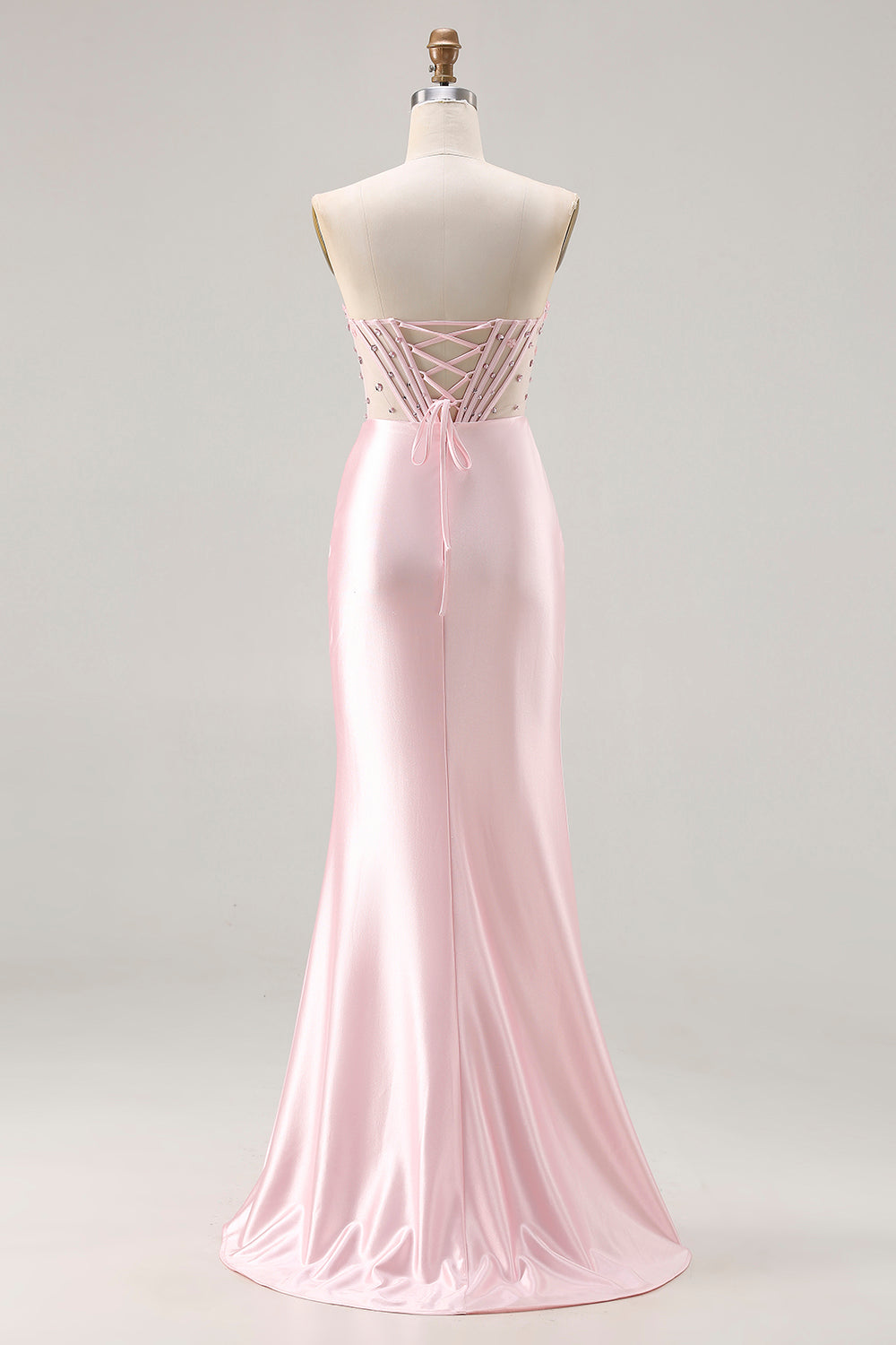 Sparkly Pink Satin Mermaid Beaded Long Corset Prom Dress with Slit
