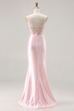 Sparkly Pink Satin Mermaid Beaded Long Corset Prom Dress with Slit