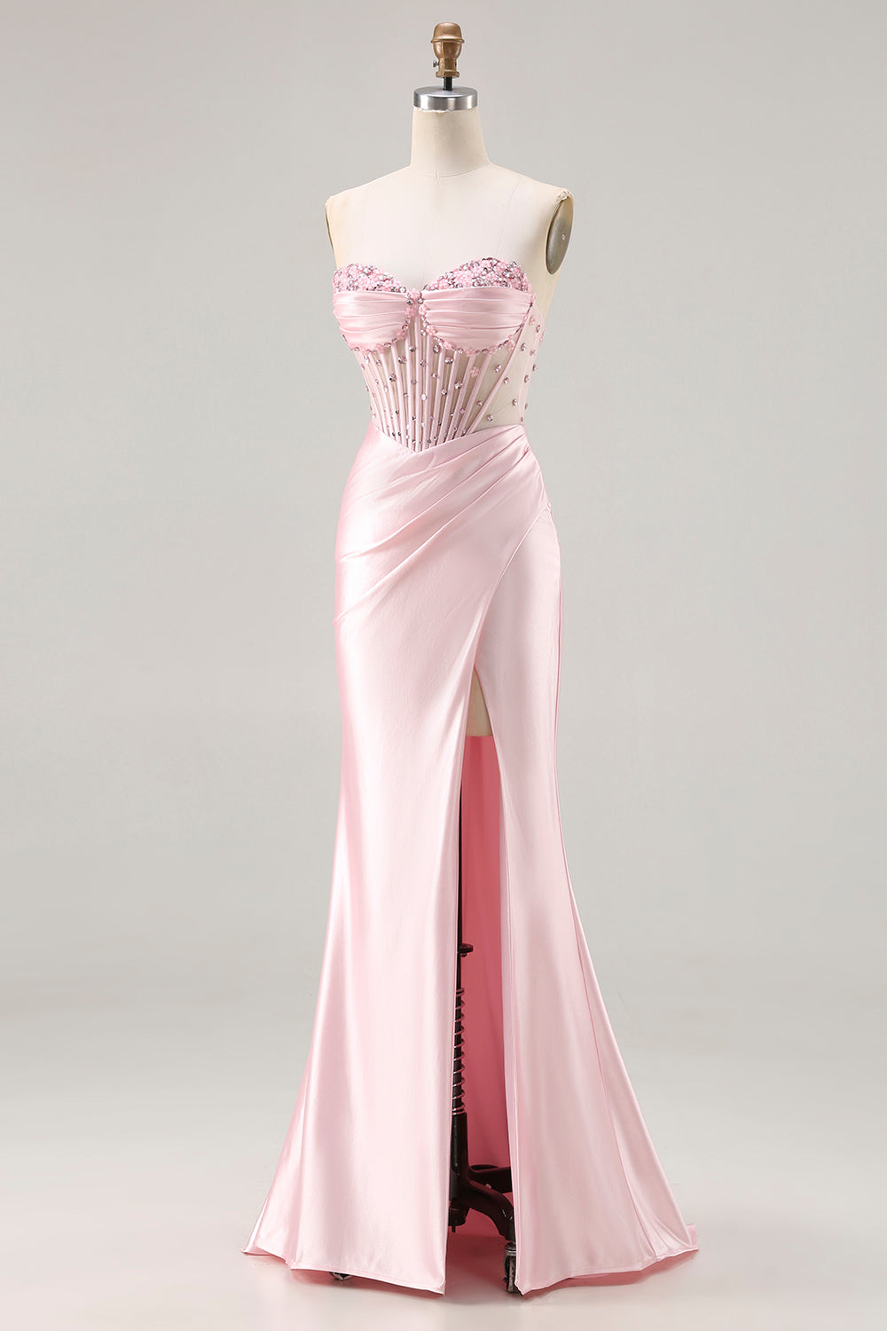 Sparkly Pink Satin Mermaid Beaded Long Corset Prom Dress with Slit