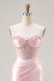 Sparkly Pink Satin Mermaid Beaded Long Corset Prom Dress with Slit