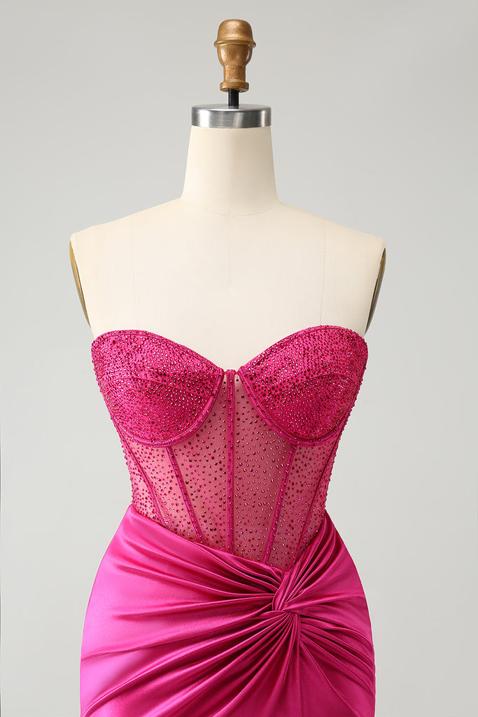 Sparkly Fuchsia V-Neck Backless Tight Homecoming Dress with Tassel