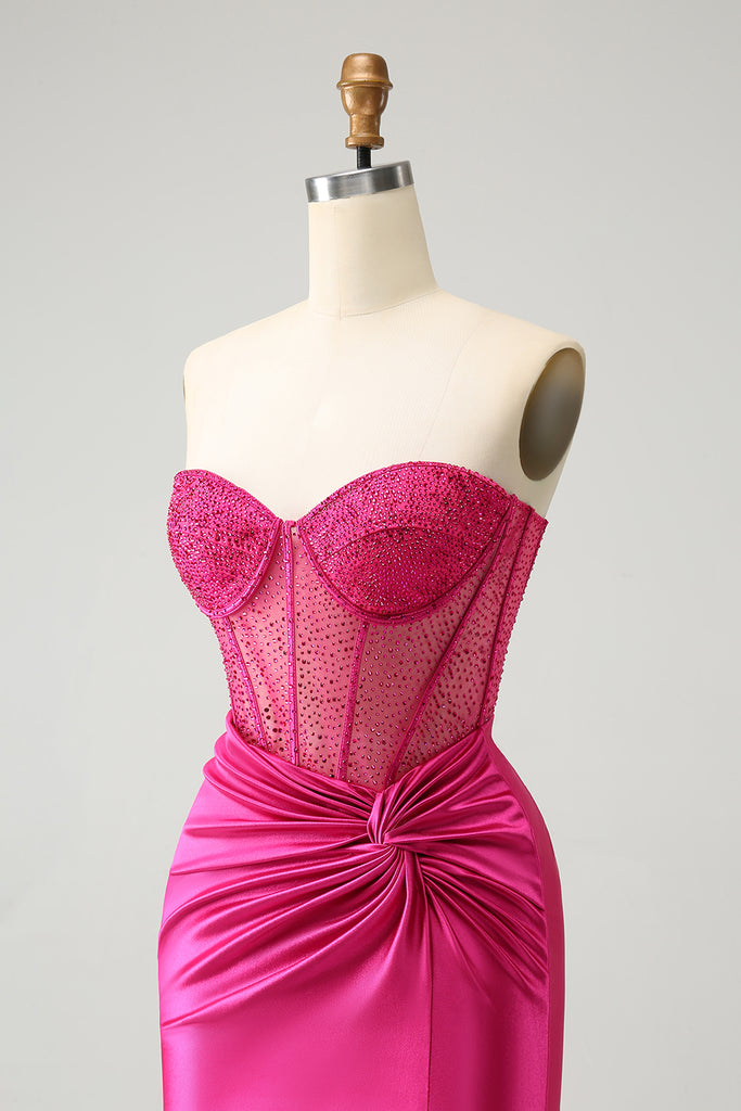 Bodycon Strapless Fuchsia Elastic Satin Beading Short Homecoming Dress VK24052301 main image 0