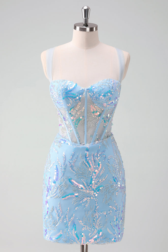 Zapakasa Women Sparkly Light Blue Corset Tight Short Homecoming Dress