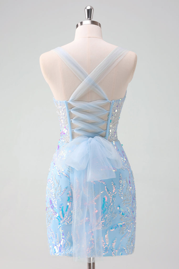 Zapakasa Women Sparkly Light Blue Corset Tight Short Homecoming Dress