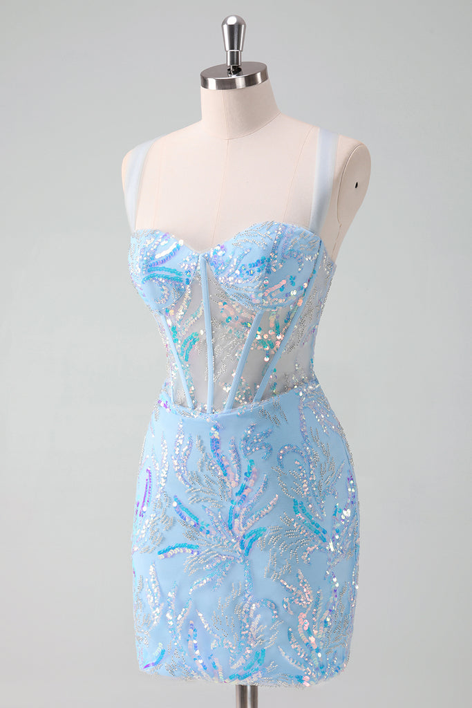 Zapakasa Women Sparkly Light Blue Corset Tight Short Homecoming Dress
