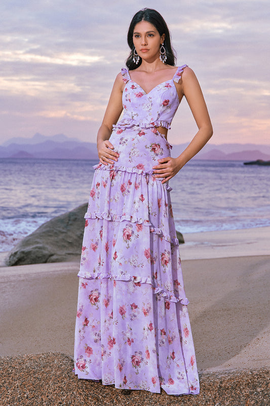 Grey Purple Floral A Line Long Bridesmaid Dress with Ruffles