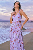 Grey Purple Floral A Line Long Bridesmaid Dress with Ruffles