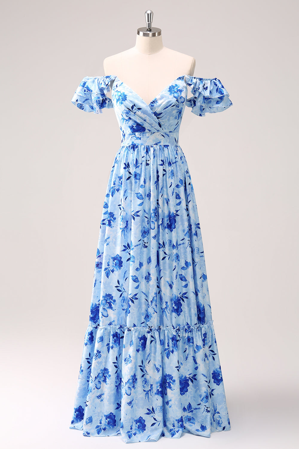 Blue Floral A-Line Bridesmaid Dress with Ruffles