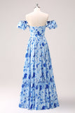 Blue Floral A-Line Bridesmaid Dress with Ruffles