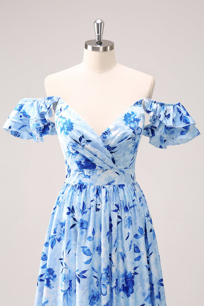 Zapakasa Women Blue Off The Shoulder Floral Bridesmaid Dress A-Line