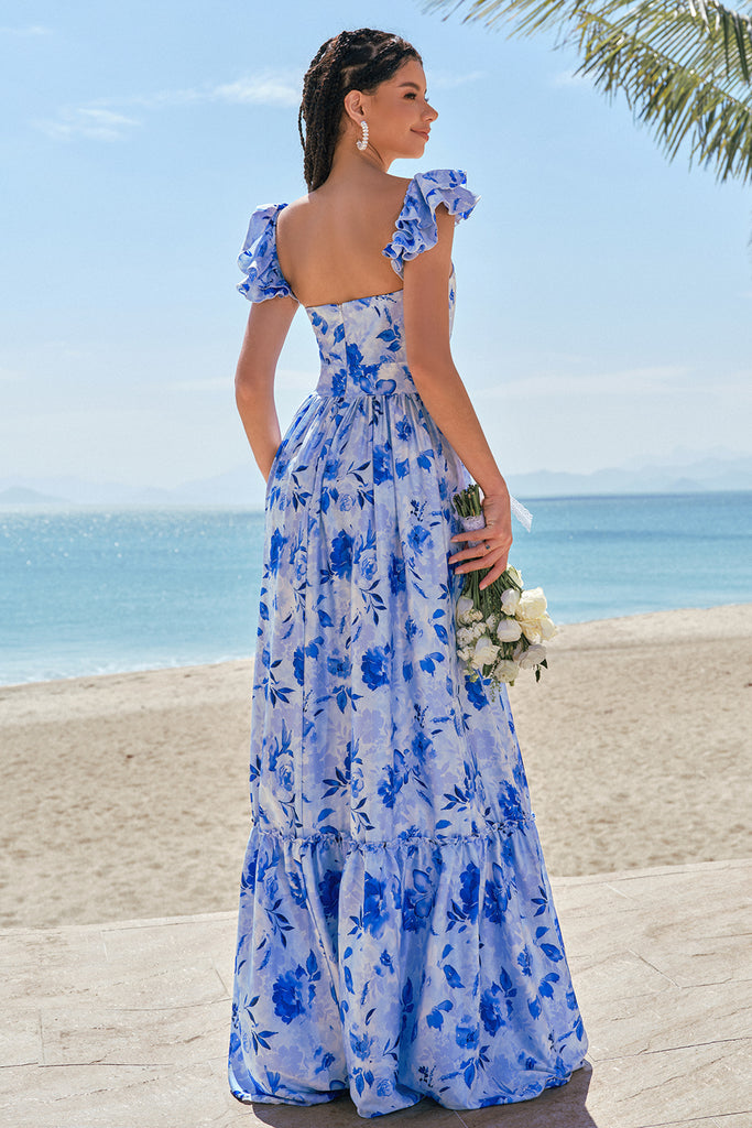 Zapakasa Women Blue Off The Shoulder Floral Bridesmaid Dress A-Line