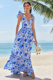 Blue Floral A-Line Bridesmaid Dress with Ruffles