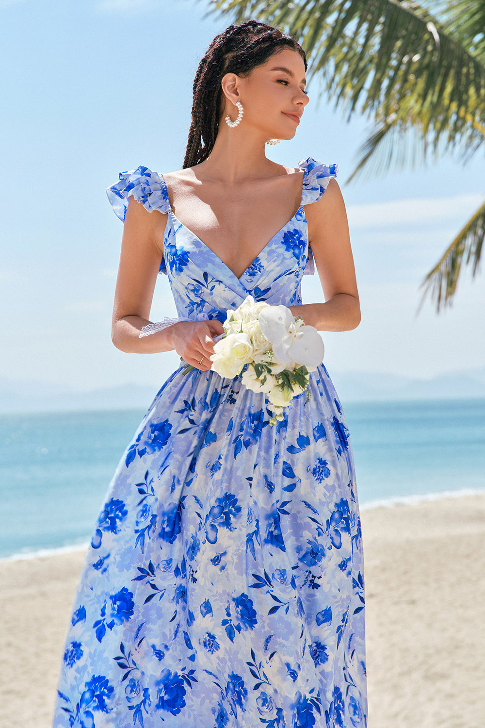 Blue Floral A-Line Bridesmaid Dress with Ruffles