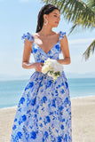 Blue Floral A-Line Bridesmaid Dress with Ruffles
