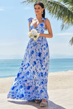 Blue Floral A-Line Bridesmaid Dress with Ruffles