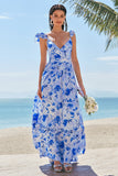 Blue Floral A-Line Bridesmaid Dress with Ruffles