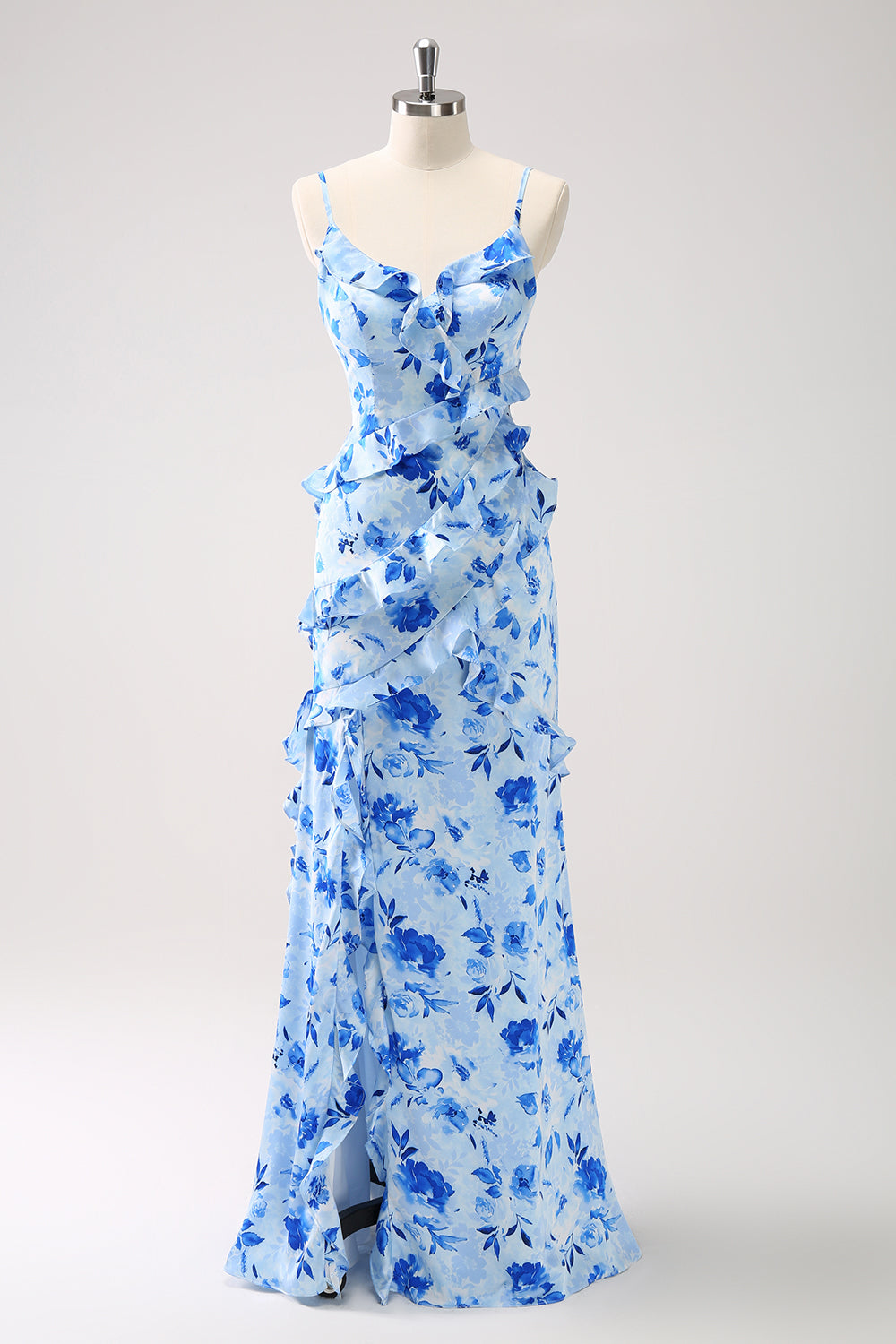 ZAPAKA Women Blue Floral Long Chiffon Bridesmaid Dress With Slit Sheath Spaghetti Straps Wedding Guest Dress ZAPAKA Women Blue Floral Long Chiffon Bridesmaid Dress With Slit Sheath Spaghetti Straps Wedding Guest Dress