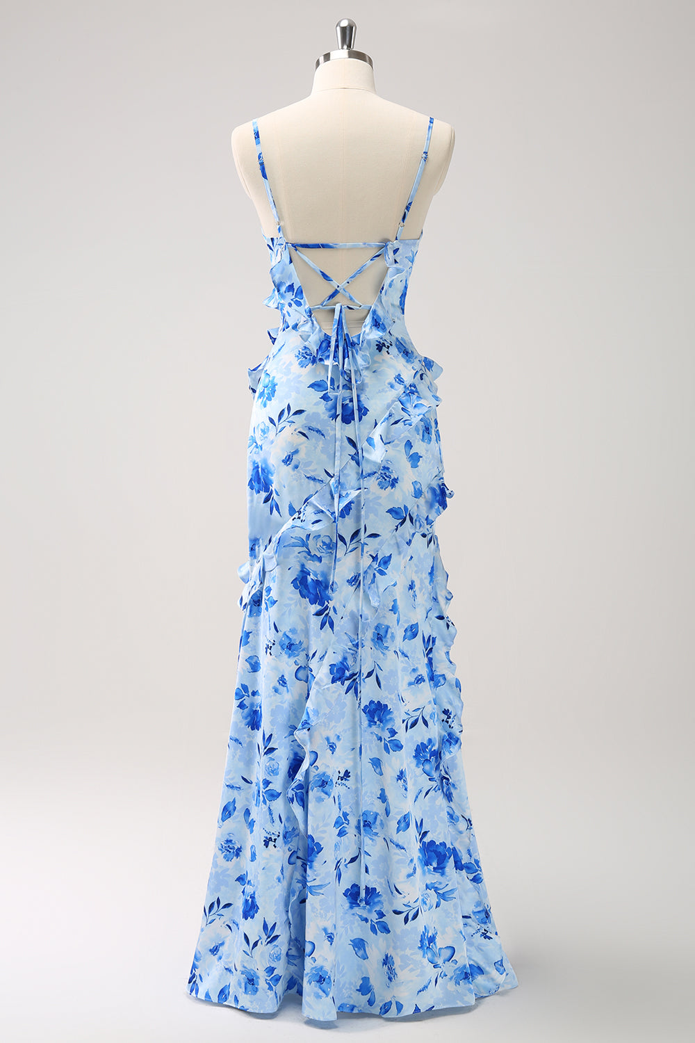 ZAPAKA Women Blue Floral Long Chiffon Bridesmaid Dress With Slit Sheath Spaghetti Straps Wedding Guest Dress ZAPAKA Women Blue Floral Long Chiffon Bridesmaid Dress With Slit Sheath Spaghetti Straps Wedding Guest Dress