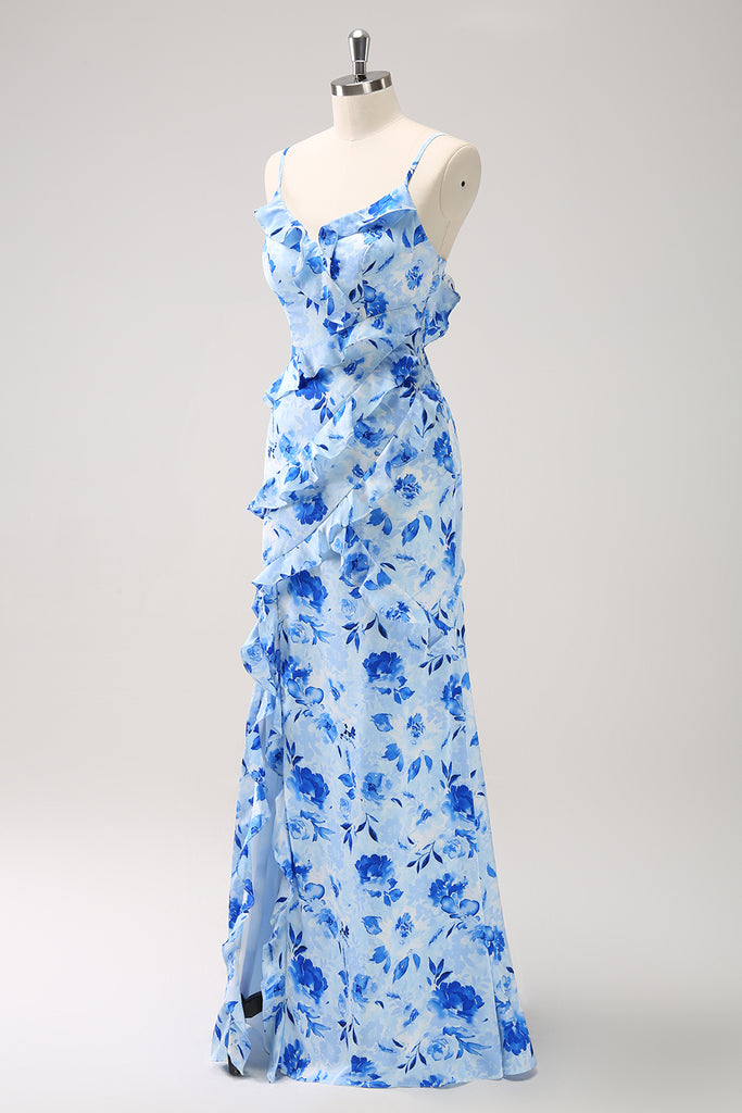 Blue Floral Spaghetti Straps Long Bridesmaid Dress with Slit