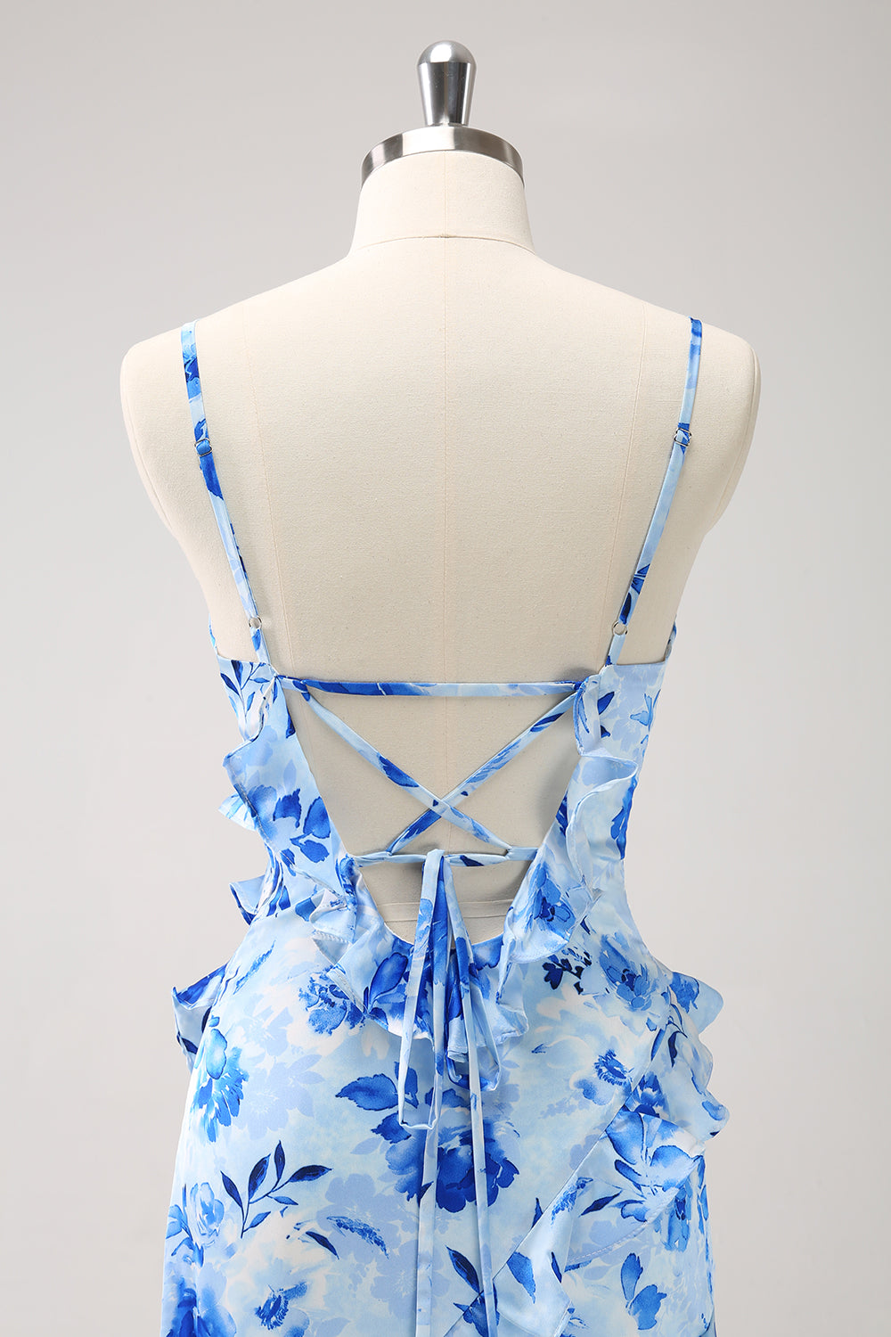 Blue Floral Spaghetti Straps Long Bridesmaid Dress With Slit