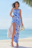 Spaghetti Straps Blue Floral Long Bridesmaid Dress With Slit