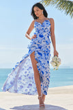 Spaghetti Straps Blue Floral Long Bridesmaid Dress With Slit