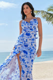 Spaghetti Straps Blue Floral Long Bridesmaid Dress With Slit