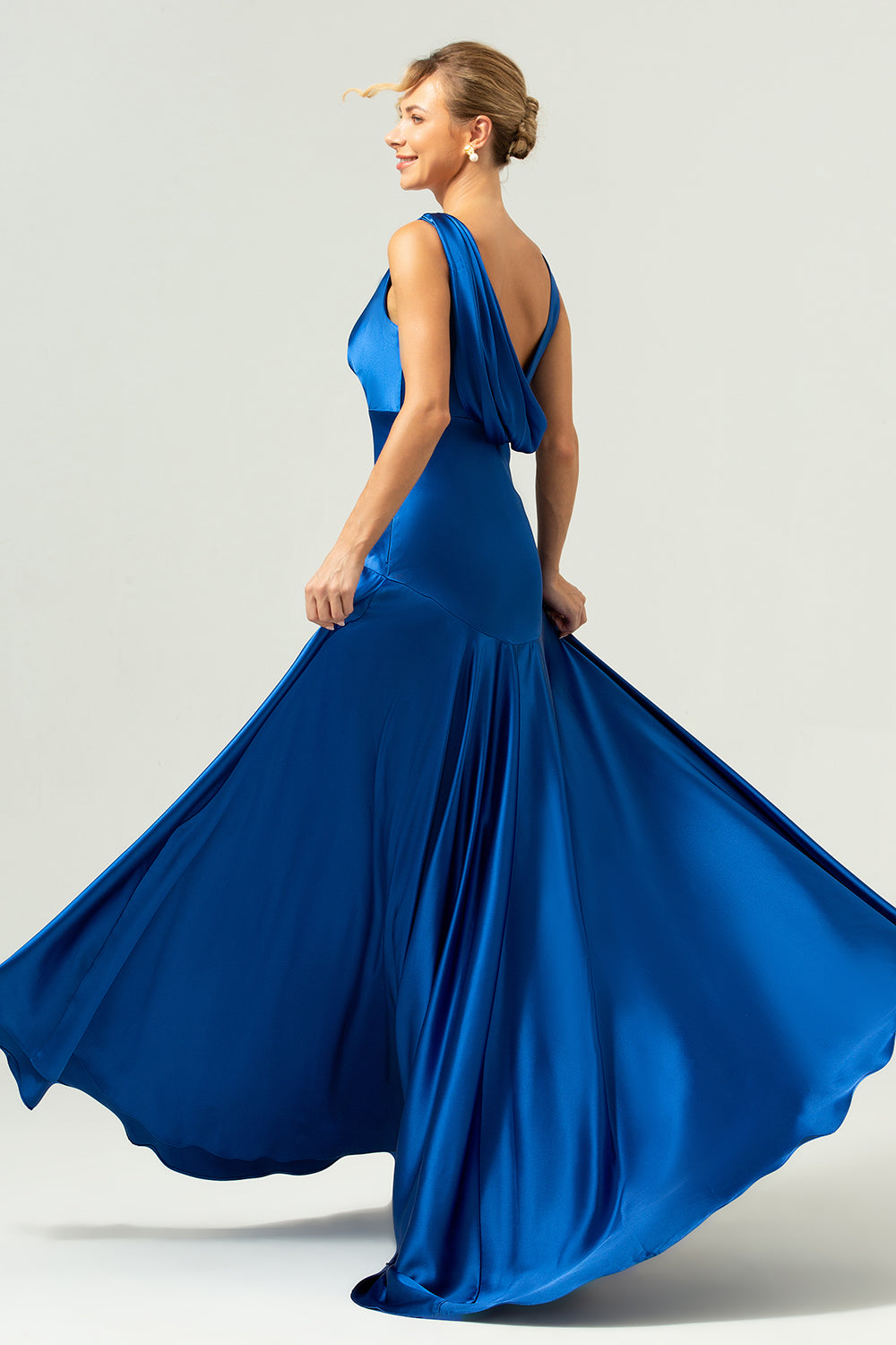 ZAPAKASA Women Ink Blue V-Neck A-Line Long Bridesmaid Dress with Slit