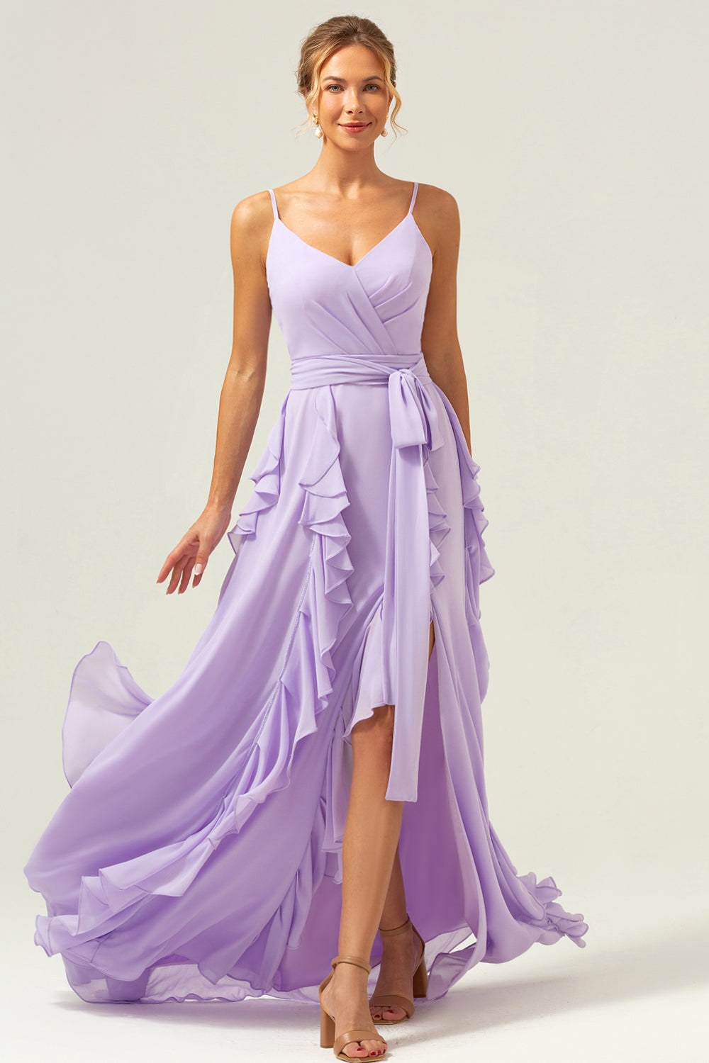 lilac bridesmaid dress One Shoulder Short Sleeve Satin Side Slit Long Custom Dresses , BN1295 line dress features delicate straps and a subtle glitter finish that adds a touch of elegance and shimmer Lilac Dusk Bridesmaid Dresses
