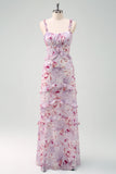 Grey Purple Sheath Ruffled Floral Long Bridesmaid Dress