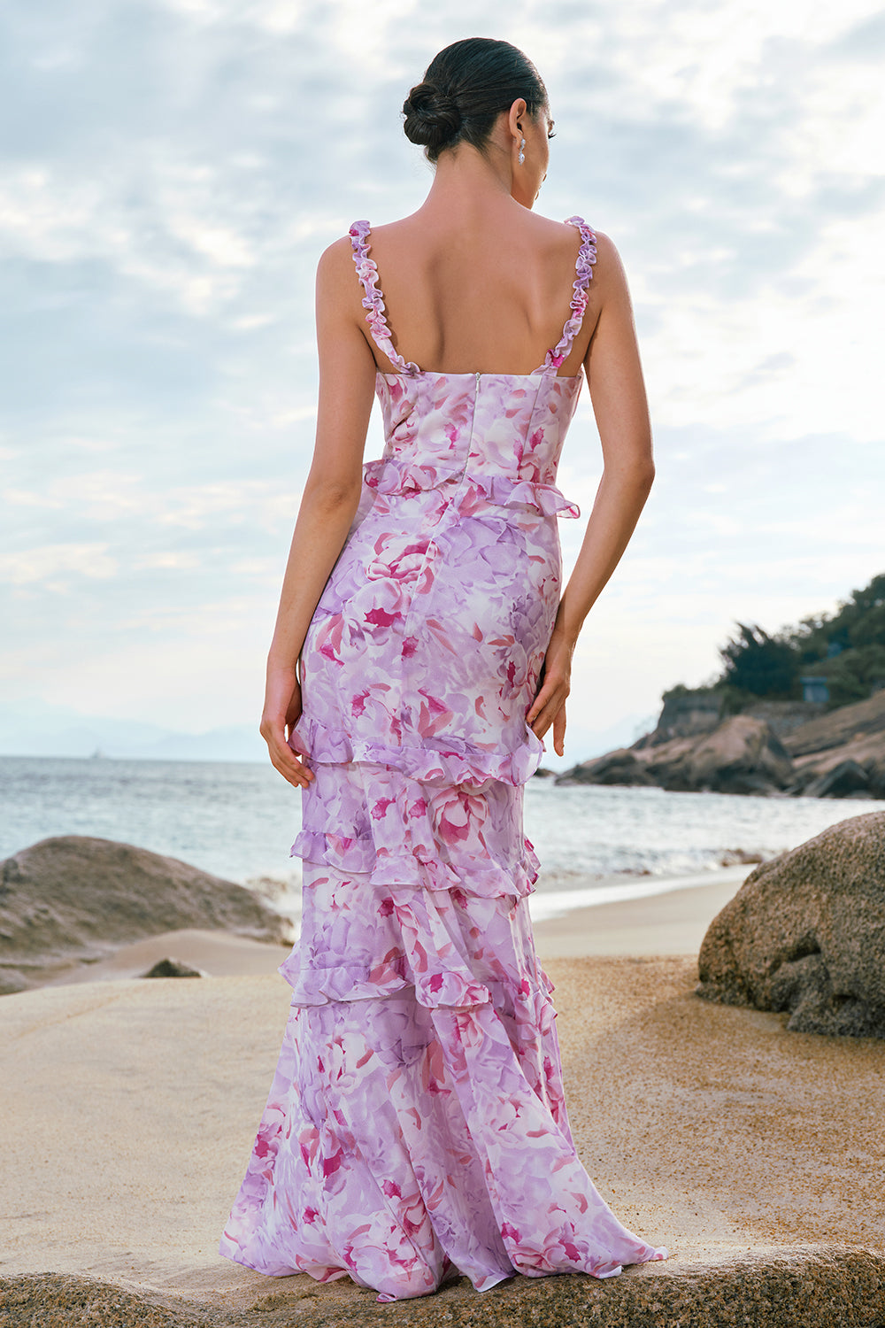lavender chiffon dresses bridesmaid Wedtrend Women Lilac Ruffle Bridesmaid Dress A Line Ruched Chiffon Spaghetti Straps Maxi Dress with Slit, Purple / US4