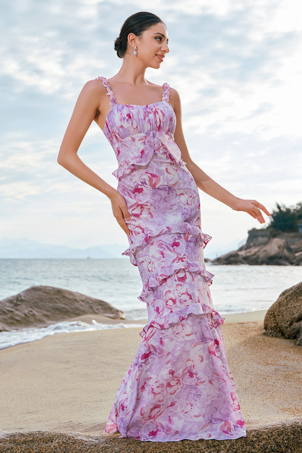 Zapakasa Women Grey Purple Sheath Ruffled Floral Bridesmaid Dress Long Chiffon Wedding Guest Dress Zapakasa Women Grey Purple Sheath Ruffled Floral Bridesmaid Dress Long Chiffon Wedding Guest Dress