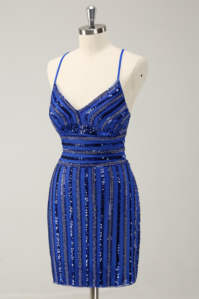 Sparkly Royal Blue Spaghetti Straps Beaded Tight Short Homecoming Dress main image 1