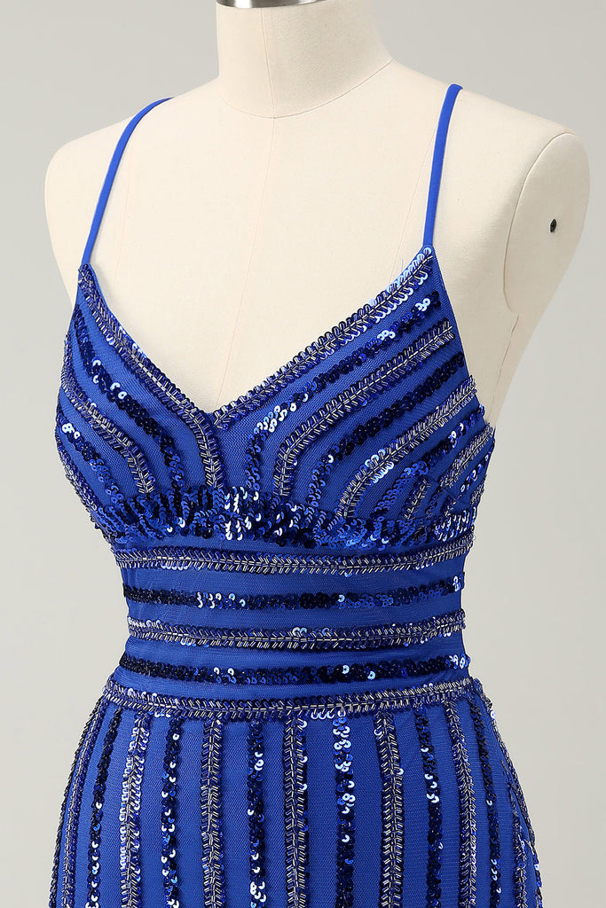 Sparkly Royal Blue Spaghetti Straps Beaded Tight Short Homecoming Dress