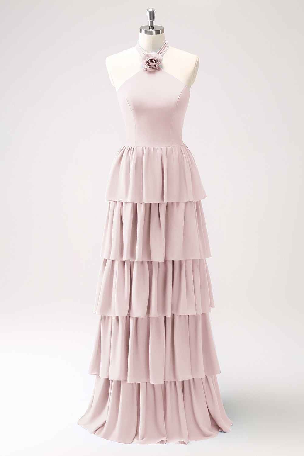 Zapaka Women Dusty Blue Bridesmaid Dress with Flower Halter Tiered Chiffon A-Line Wedding Guest Dress, Dusty Blue / AU6 Zapaka Women Dusty Blue Bridesmaid Dress with Flower Halter Tiered Chiffon A-Line Wedding Guest Dress, Dusty Blue / AU6