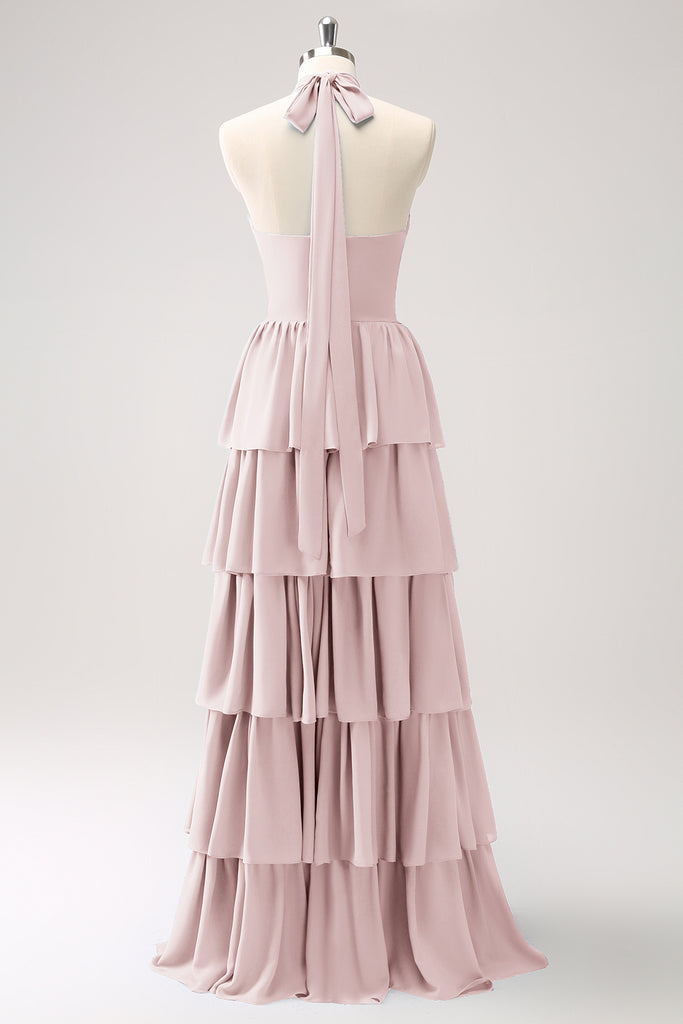 Zapaka Women Dusty Blue Tiered Bridesmaid Dress with Flower Chiffon A