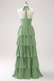 Blush Pink Tiered Chiffon Bridesmaid Dress with Flower