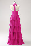 Blush Pink Tiered Chiffon Bridesmaid Dress with Flower