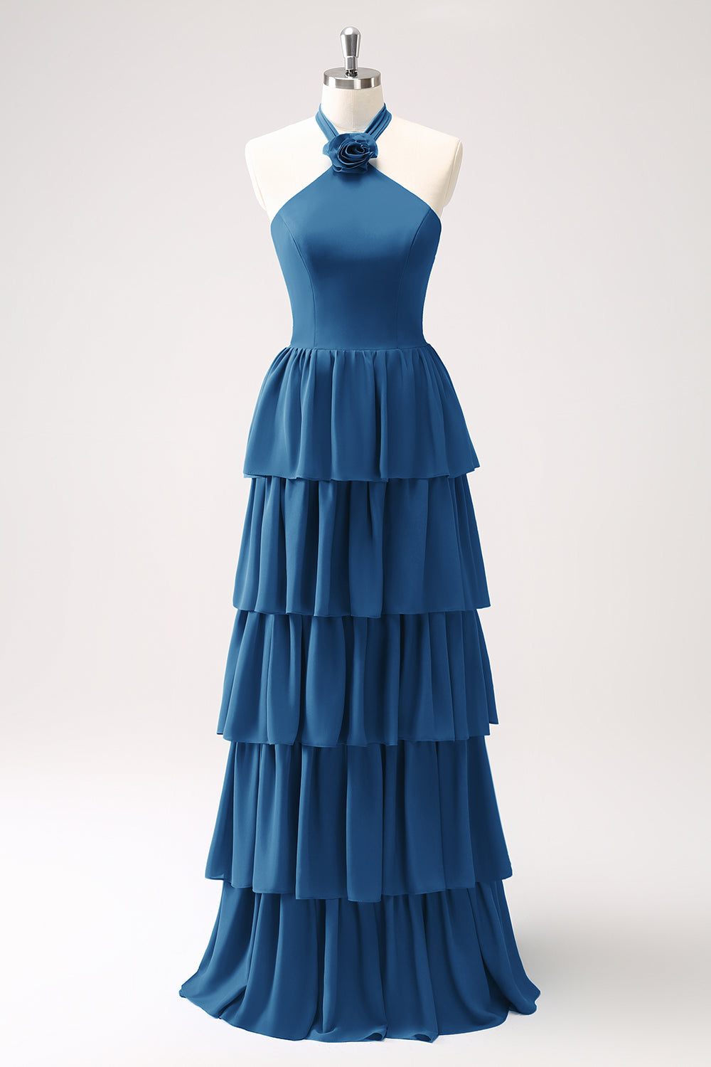 Zapaka Women Blue Tiered Bridesmaid Dress with Flower Chiffon A-Line Wedding Guest Dress Zapaka Women Blue Tiered Bridesmaid Dress with Flower Chiffon A-Line Wedding Guest Dress