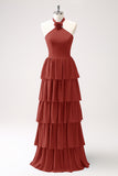 Dusty Blue Tiered Chiffon Bridesmaid Dress with Flower