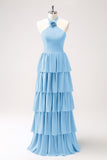 Dusty Blue Tiered Chiffon Bridesmaid Dress with Flower