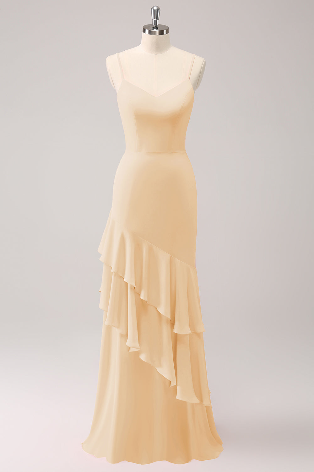 Champagne Bridesmaid Dress with Ruffles Spaghetti Straps Mermaid Wedding Guest Dress