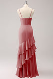 Champagne Spaghetti Straps Mermaid Bridesmaid Dress with Ruffles