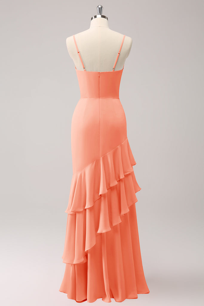 Tulle Mermaid Sleeveless Spaghetti Straps Ruffles Formal Dresses with Bow