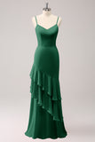 Dusty Blue Spaghetti Straps Mermaid Bridesmaid Dress with Ruffles