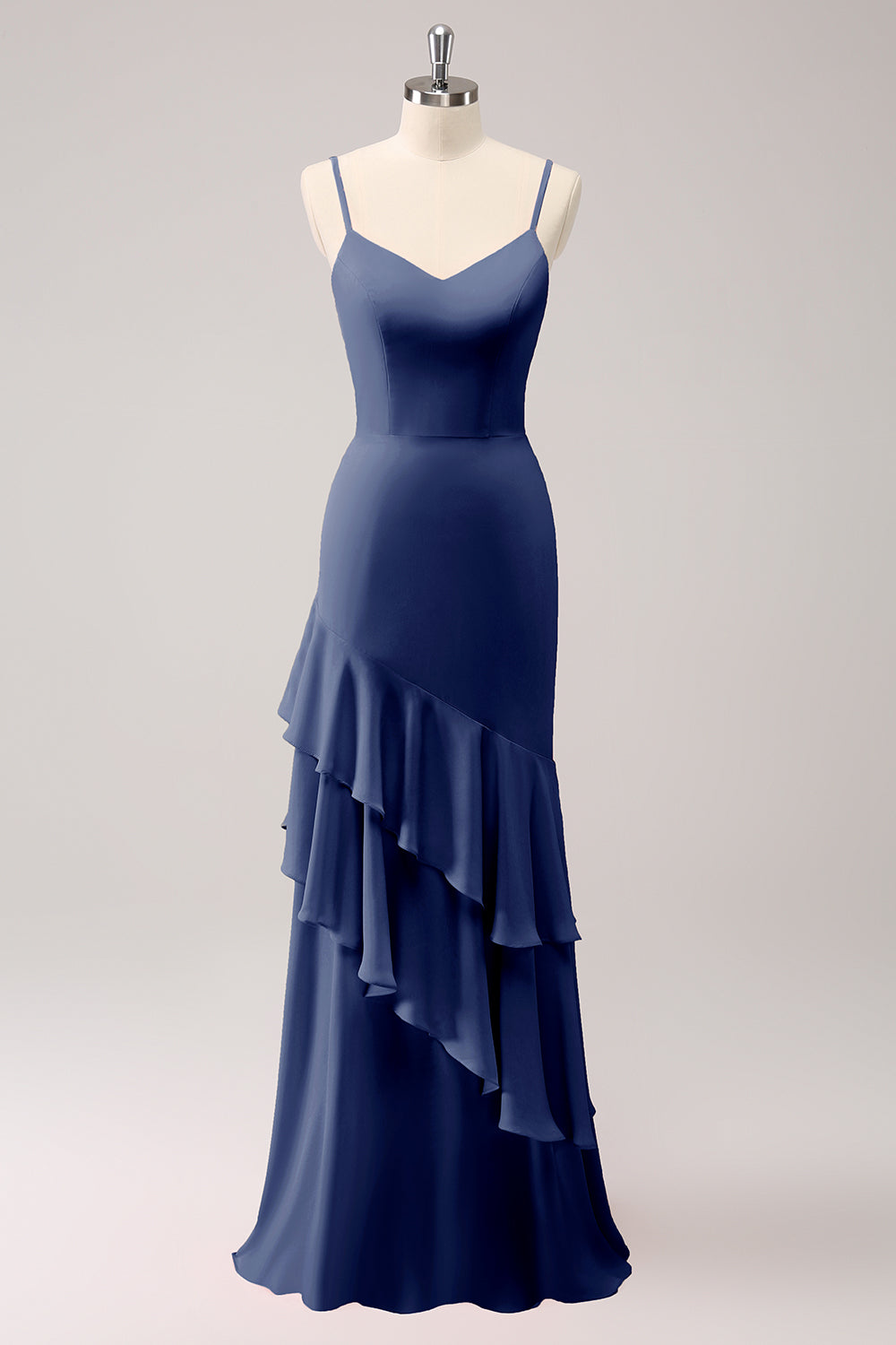 Dusty Blue Spaghetti Straps Mermaid Bridesmaid Dress with Ruffles