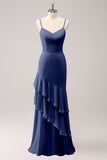 Dusty Blue Spaghetti Straps Mermaid Bridesmaid Dress with Ruffles
