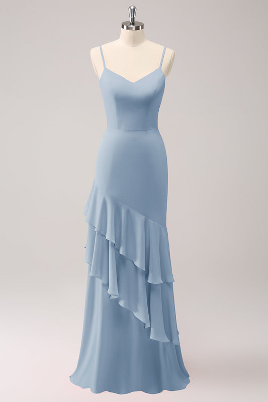 Dusty Blue Spaghetti Straps Mermaid Bridesmaid Dress with Ruffles